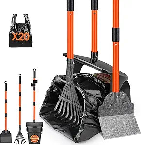 SlowTon Dog Pooper Scooper - 37.4" Long Handle Adjustable Metal Swivel Bin & Rake & Spade Kit with 20 Waste Bags, Portable Pooper Scooper for Gravel Lawn Grass, Suit for Small Medium Large Dog