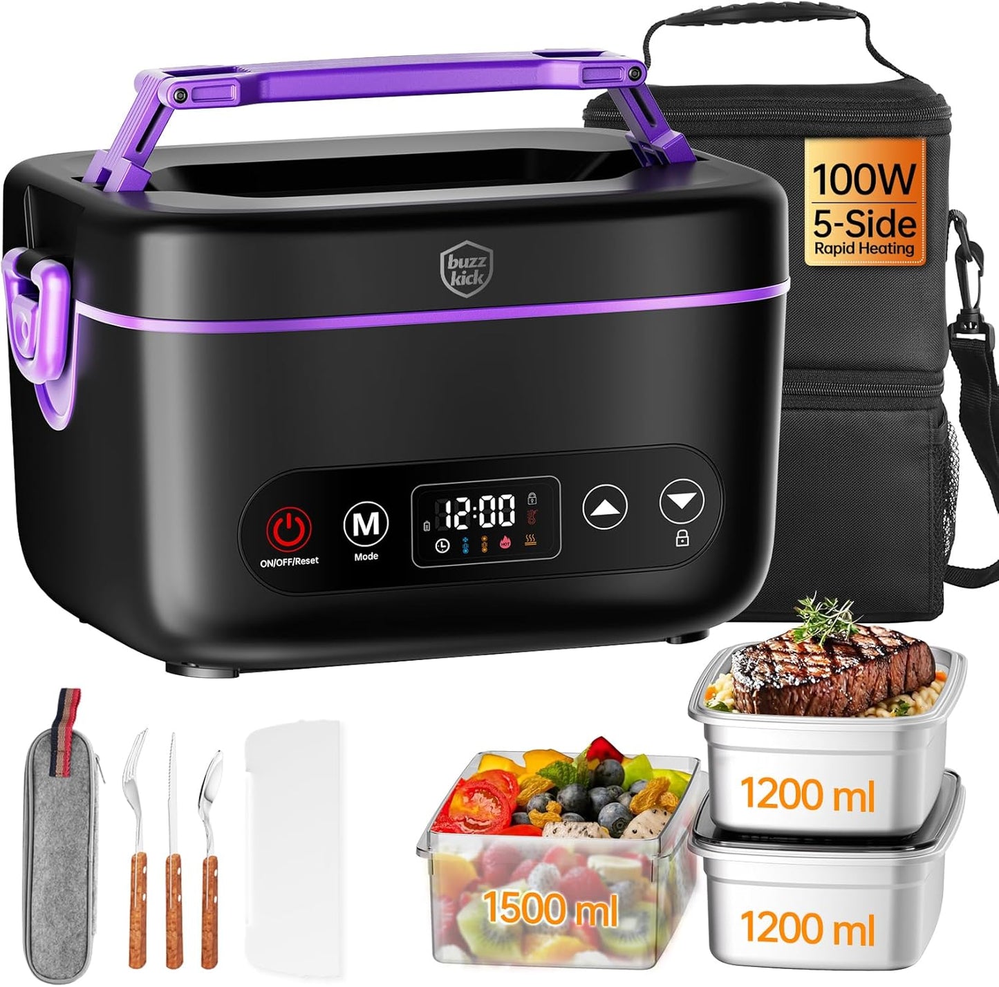 Cordless Electric Heated Lunch Box, 2x1.2L Portable Food Warmer Upgared 5D Surround Heat Tech 6x4000mAh Battery Powered with Dual Insulated Bag, 100W Automatic Heating 220°F Max BPA Free for Men