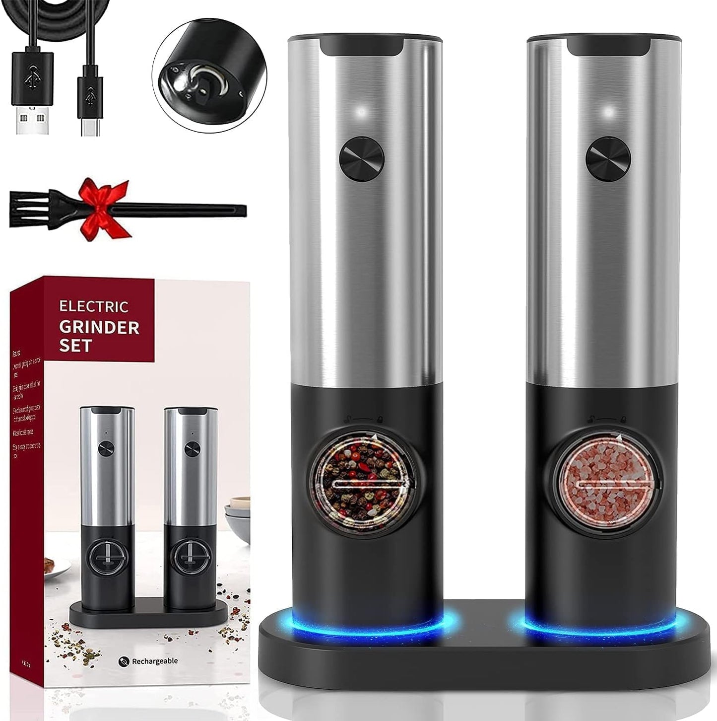 Electric Salt and Pepper Grinder Set with USB Rechargeable Stand, One Handed Operation, No Battery Needed, Automatic Pepper Mill Shakers for Kitchen Restaurant Outdoor, Adjustable Coarseness