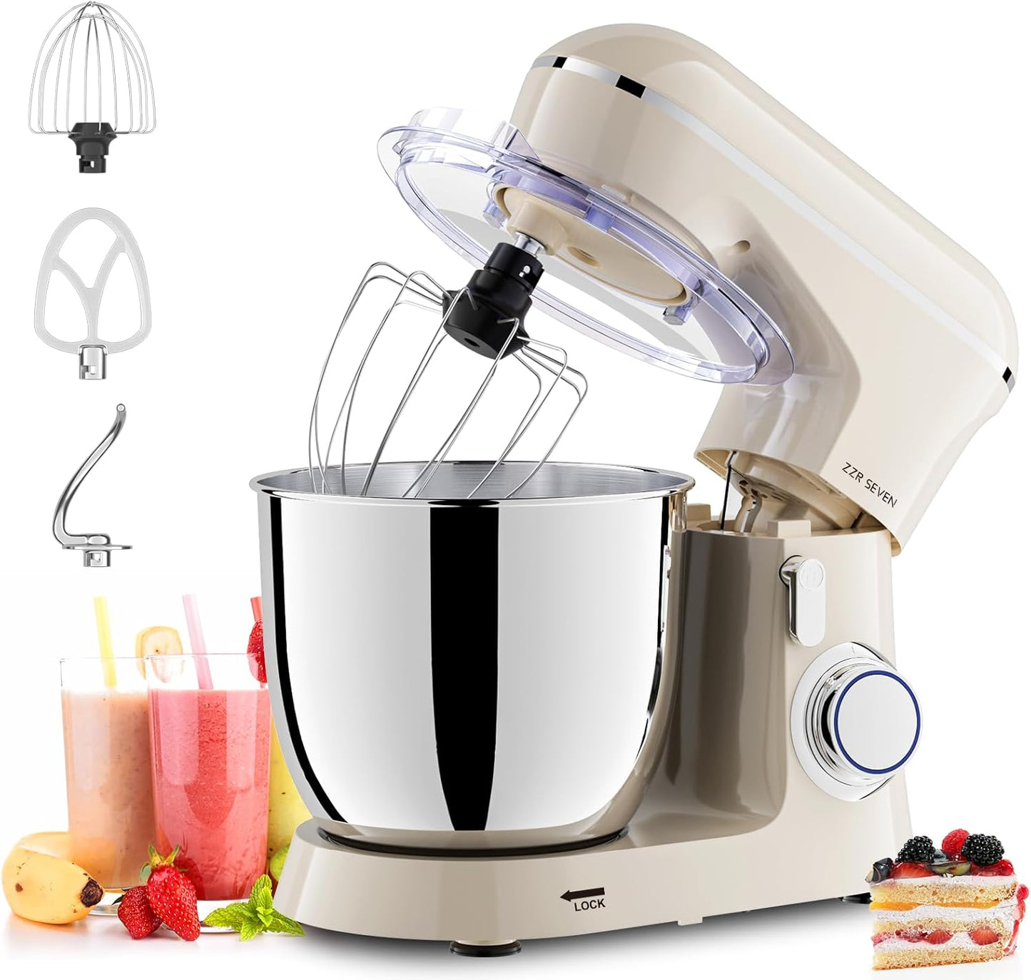 ZZR SEVEN Stand Mixer, 5.5 Quart, 10 Speed Tilt-Head Kitchen Mixer, Copper Motor, Household Food Mixer with Bowl, Flat Beater, Dough Hook, Egg Whisk (450W Cream)