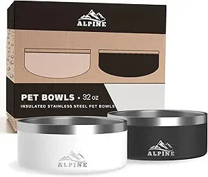 Alpine Set of 2 Stainless Steel Dog Bowls, Non Slip, Metal Pet Bowl for Food and Water, Double Walled Insulated, Rustproof, Dishwasher Safe- 32 Ounces - Black/White (AB)