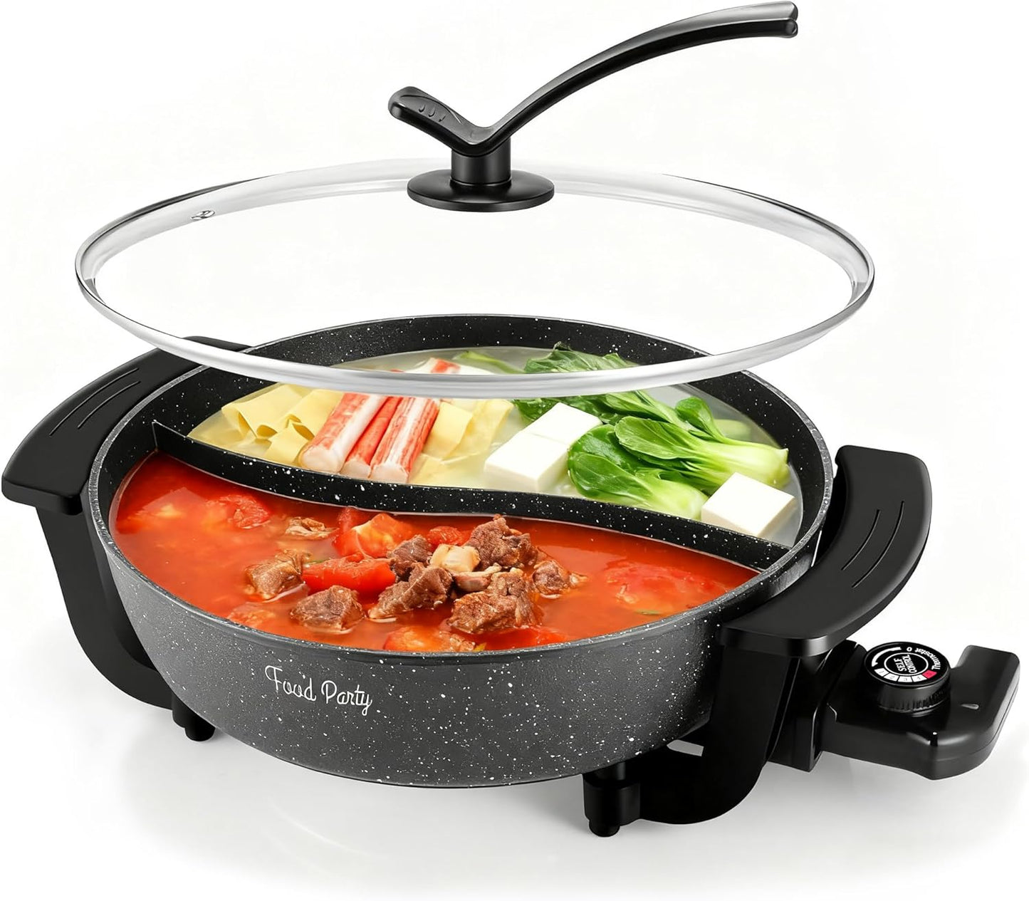 Food Party Electric Hot Pot with Divider Hotpot Pot Electric Hopot Cooker Shabu Shabu Pot 110V 1200W Non-Stick 6-Quart BPA FREE Fondue Chinese Hot Pot