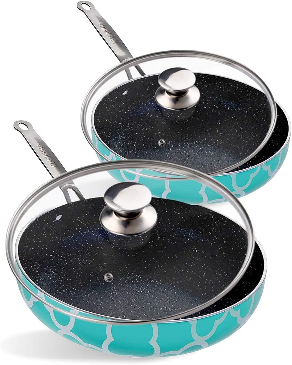 KITCHENLY Nonstick Frying Pan with Lids for Cooking, Baking - Granite Marble Coating | Electric, Gas, & Induction Compatible | 9.5 & 11 inch | Turquoise - 2 Pack