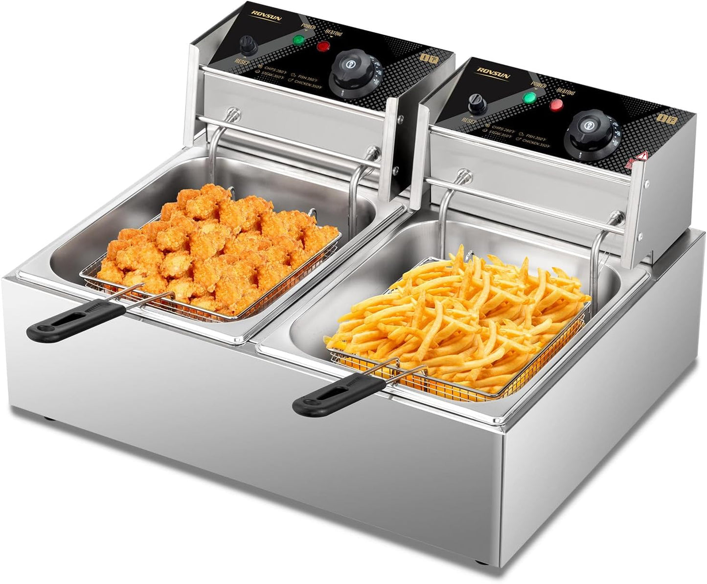 ROVSUN 22.8QT Commercial Deep Fryer with Baskets & Lids, 21.8L Stainless Steel Electric Double Fryer, Countertop Kitchen Frying Machine w\/Temperature Control, French Fries Donuts 3400W