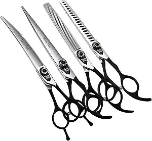 Fenice Peak 7.0'' Professional Dog Grooming Scissors Set with Black Non-Slip Handle 440C Stainless Steel Straight Thinning Curved Chunker Shears 4pcs Set for Pet Grooming Services