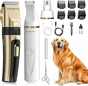 Dog Hair Clippers for Grooming Kit and Dog Paw Trimmer Nail Grinder for Grooming, Low Noise Rechargeable Cordless, Shaver Grooming Supplies for Pet Cats Dogs (Gold, White)