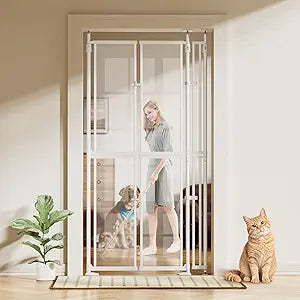 YUFU 75"-98" Extra Tall Cat Gate, Clear Width Adjustable Dog Gate for Doorways, Stairs, Hallways, Auto-Close No Drilling Pet Safety Gate Transparent Barrier for Dogs Cats (White)