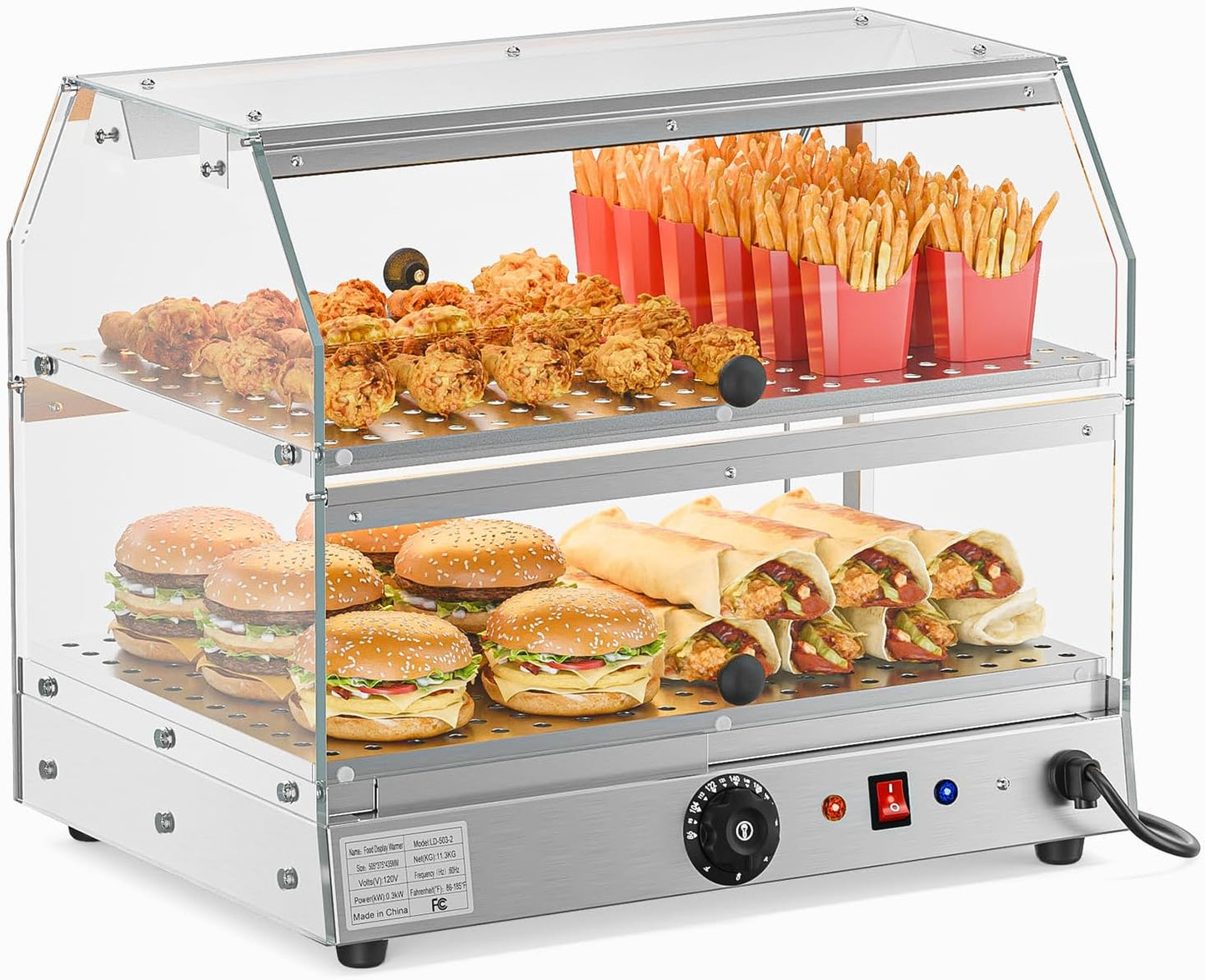 ROVSUN 2-Tier Food Warmer Pizza Warmer Countertop, Food Warmer Display Pretzel Warmer with LED Lighting Front and Rear Doors, Electric Catering Hot Box Acrylic for Buffet Restaurant Cafe