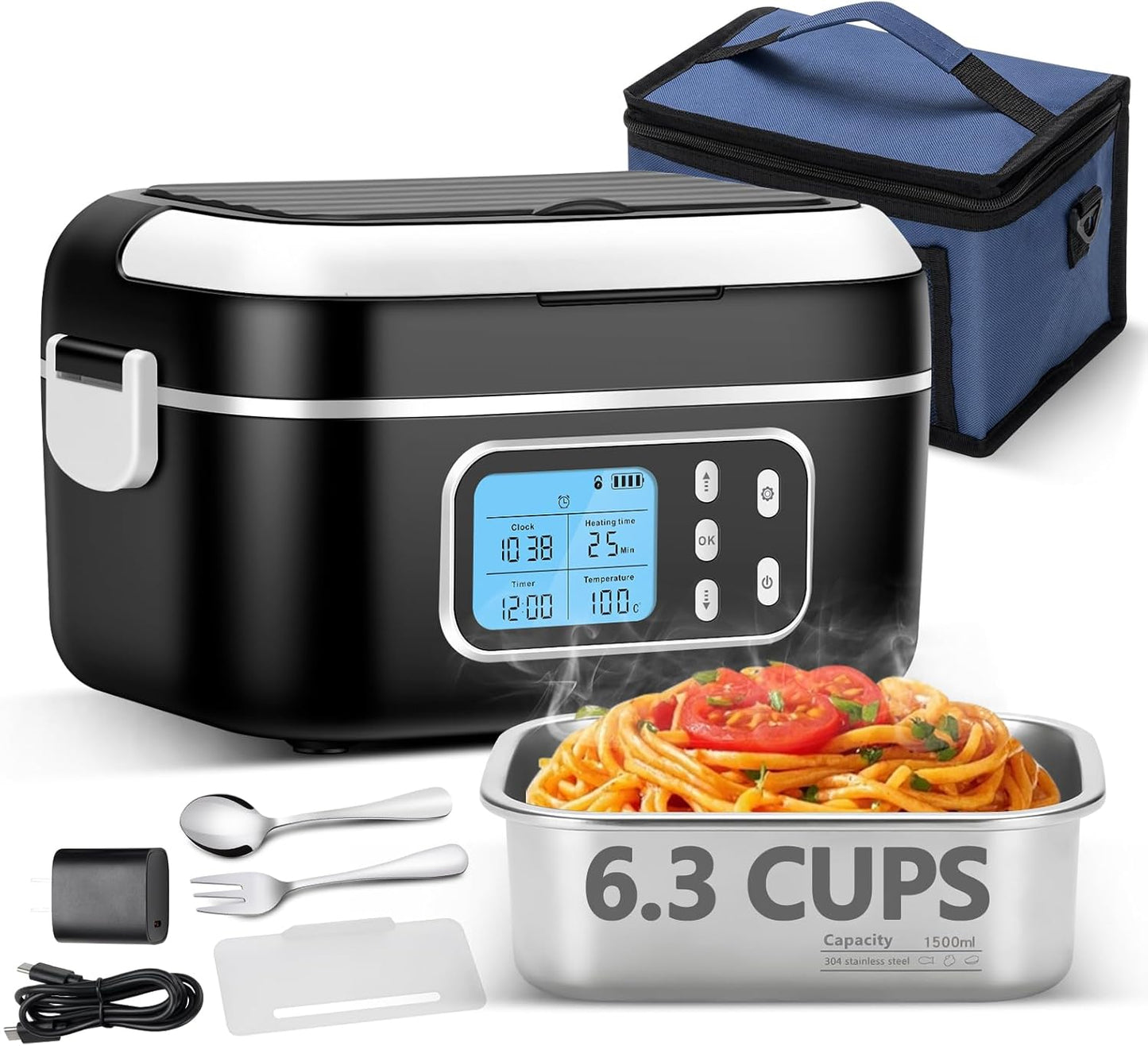 Smart Heated Lunch Box, 1.5L (6.3 Cups) 24000mAh Cordless Electric Lunch Box for Adults with Timer and Temperature Control, Self-Heating Portable Food Warmer for Office, Truck, Outdoors