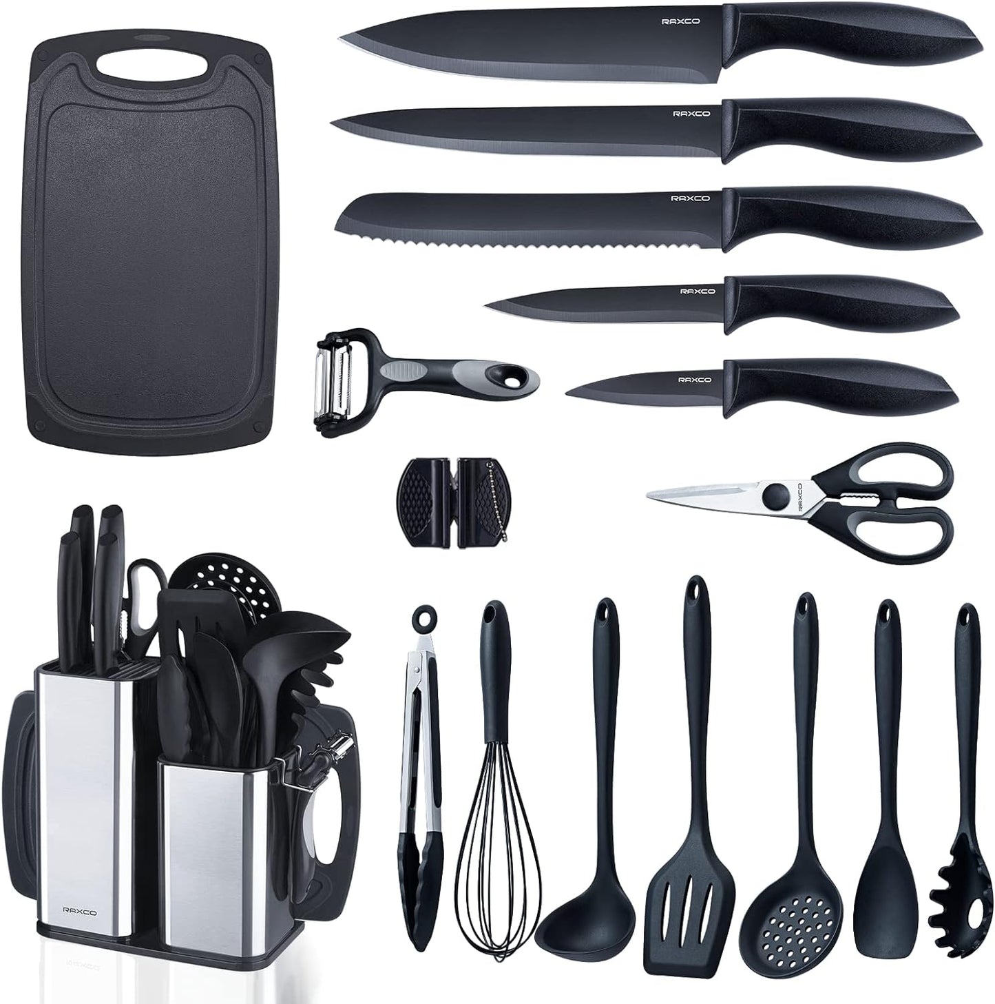 RAXCO Kitchen Utensils Set,18-Piece Cooking Tools and Sharp Knives,Stainless Steel Holder and Cutting Board