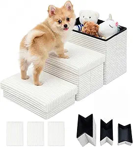 Dog Stairs for Small Dogs with Storage 13" H, 3-Tier Non-Slip Pet Stairs for Dogs Cats, Foldable White Dog Steps Ramp, Corduroy Fabric Pet Ramp for High Beds Couches