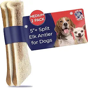 Devil Dog Pet Co. Split Elk Antlers for Dogs, Medium 5"+, 2 Pack, Grade A Long Lasting Chew for Aggressive Chewers, Premium USA Naturally Shed Antler – Healthy, No Odor, Durable Dog Chew