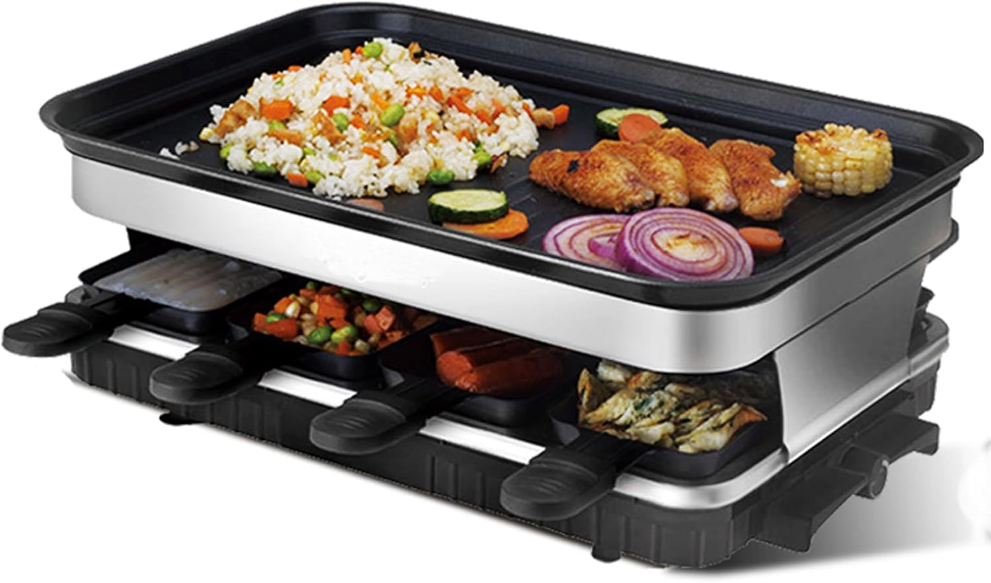 Elevon Electric Korean BBQ Indoor Grill, Table Smokeless Portable Raclette Grill with 8 Mini Grill Cheese Pans, Removable Non-Stick Temperature Control 1500W, Ideal for Parties and Family Fun