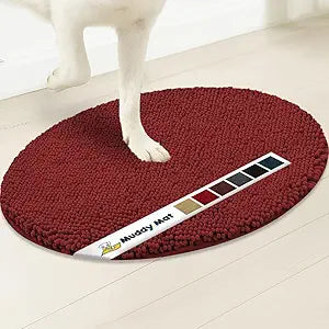 Muddy Mat® Shown on TV – Super Absorbent Microfiber Dog Door Mat for Muddy Paws, Non-Slip Washable Pet Rug, Quick Dry Chenille Entryway Carpet, Machine Washable Indoor Outdoor Mat, Red Oval 6ft x 9ft