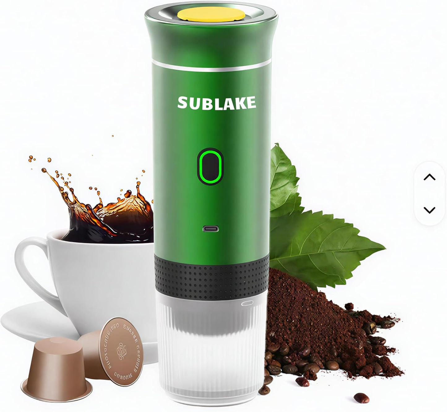 SUBLAKE Portable Espresso Maker \u2013 Self-Heating USB-C Rechargeable Travel Coffee Maker for Car, Camping, Office, portable coffee maker - portable coffee machine With Ground Coffee & NS Capsule (Green)