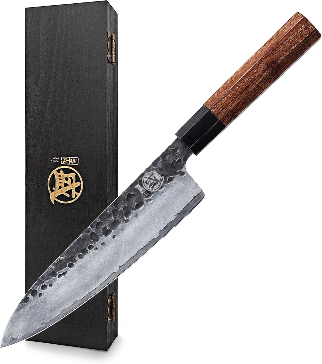 MITSUMOTO SAKARI Gyuto Chef Knife 8 inch - Hand Forged Japanese Kitchen Knives, 3-Layer 9CR18MOV High Carbon Steel, Rosewood Handle & Sandalwood Box