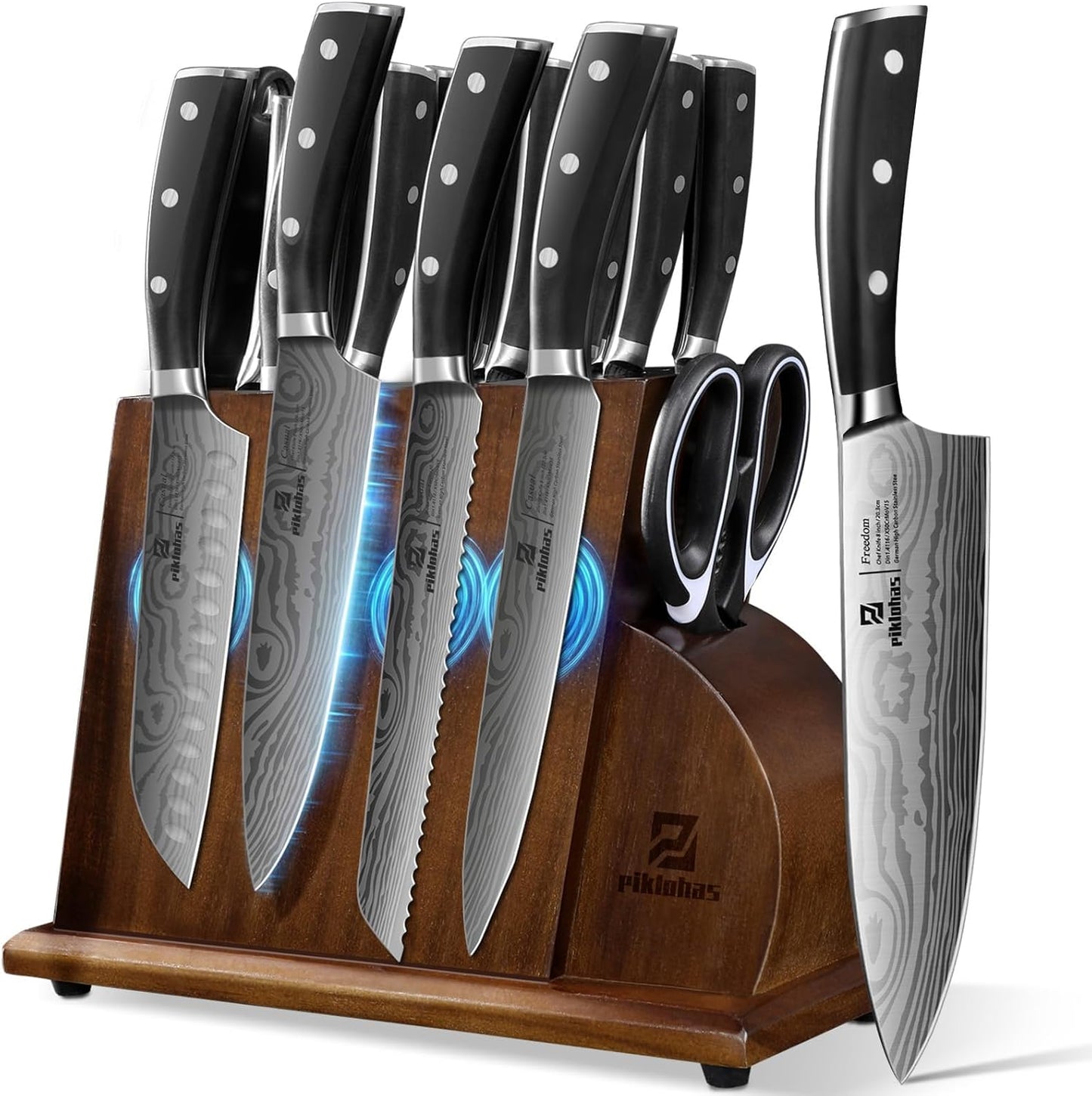 Knife Sets for Kitchen with Block, 17 Pieces with Magnetic Knife Holder, German High Carbon Stainless Steel Damascus Pattern Chef Knife Set