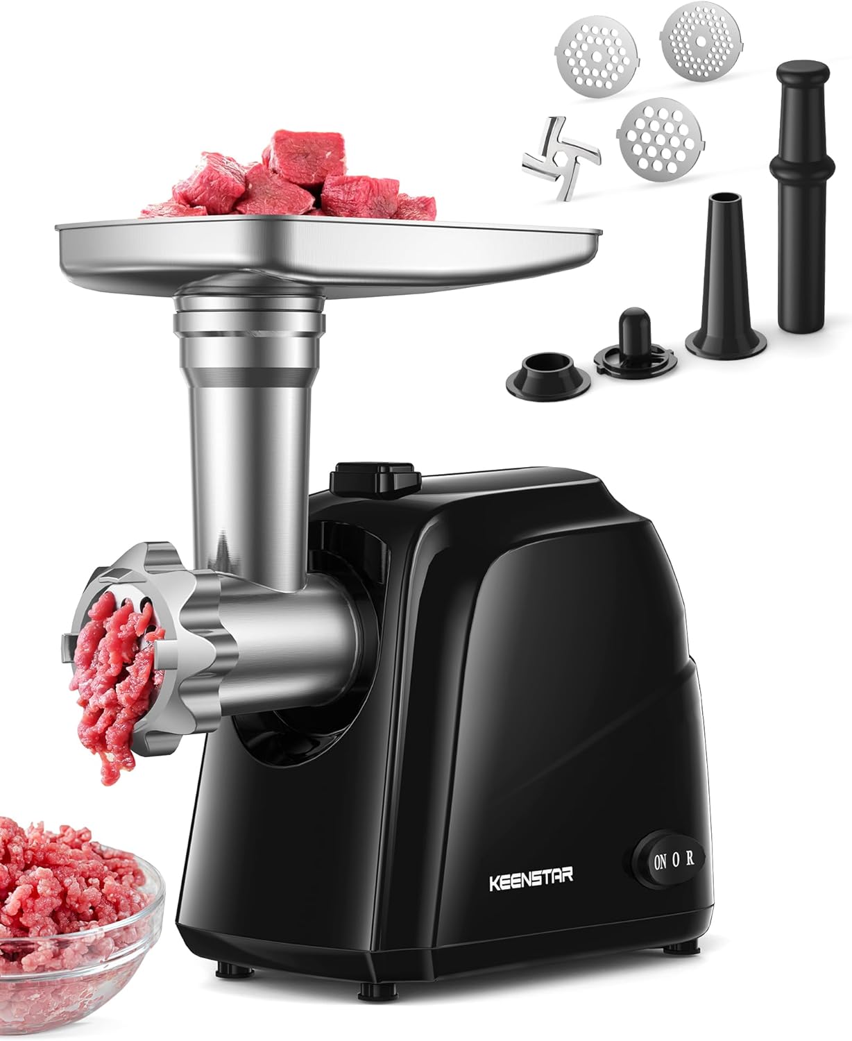 Electric Meat Grinder, Sausage Stuffer Maker Food Grinder with Blade & 3 Plates, Sausage Stuffer Tubes & Kubbe Kit, Heavy Duty Meat Mincer Machine for Home Kitchen Use