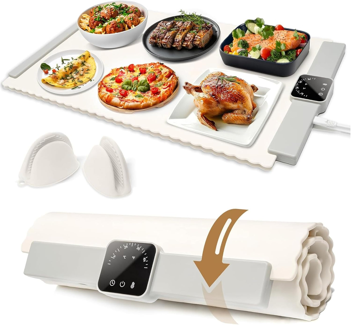 Warming Mat for Food \u2013 24x16\u201D Foldable Buffet Tray with 5 Temperature Settings & Auto Timer \u2013 Electric Silicone Plate Warmer for Parties, Catering, Dinner & Baby Bottles \u2013 Includes Gloves