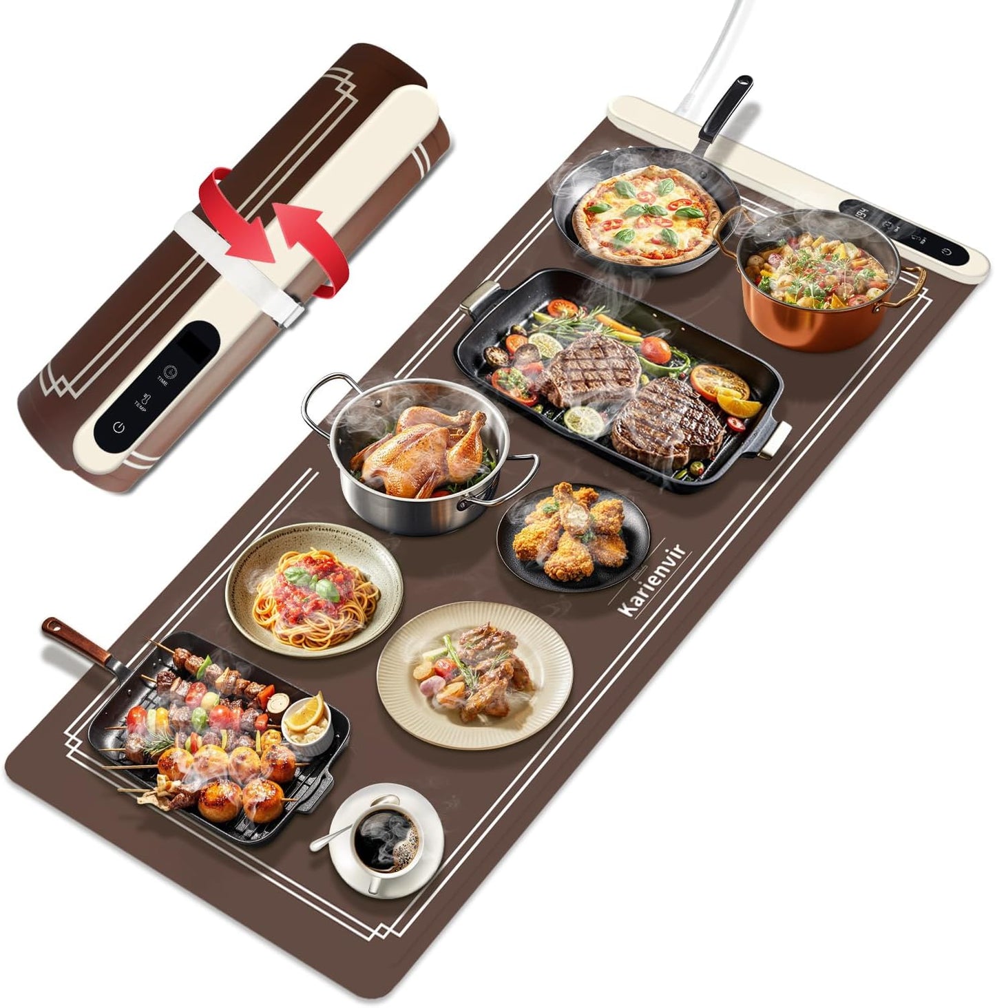 Warming Mat for Food Extra Large 35 Inch, Graphene Food Warming Mat,Heating Food Warmer 7MM Raised Feet,Electric Warming Tray Rollable & Portable,6 Level Temp & 6 Timer Setting, Brown(36.02" x 15.75")