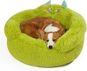 Jiupety Cute Calming Dog and Cat Bed, Anti-Anxiety Donut for Small Pets, Cozy Soft Pet Round Cuddler Bed with Non-Slip Bottom, L(27"×27"×14"), Green