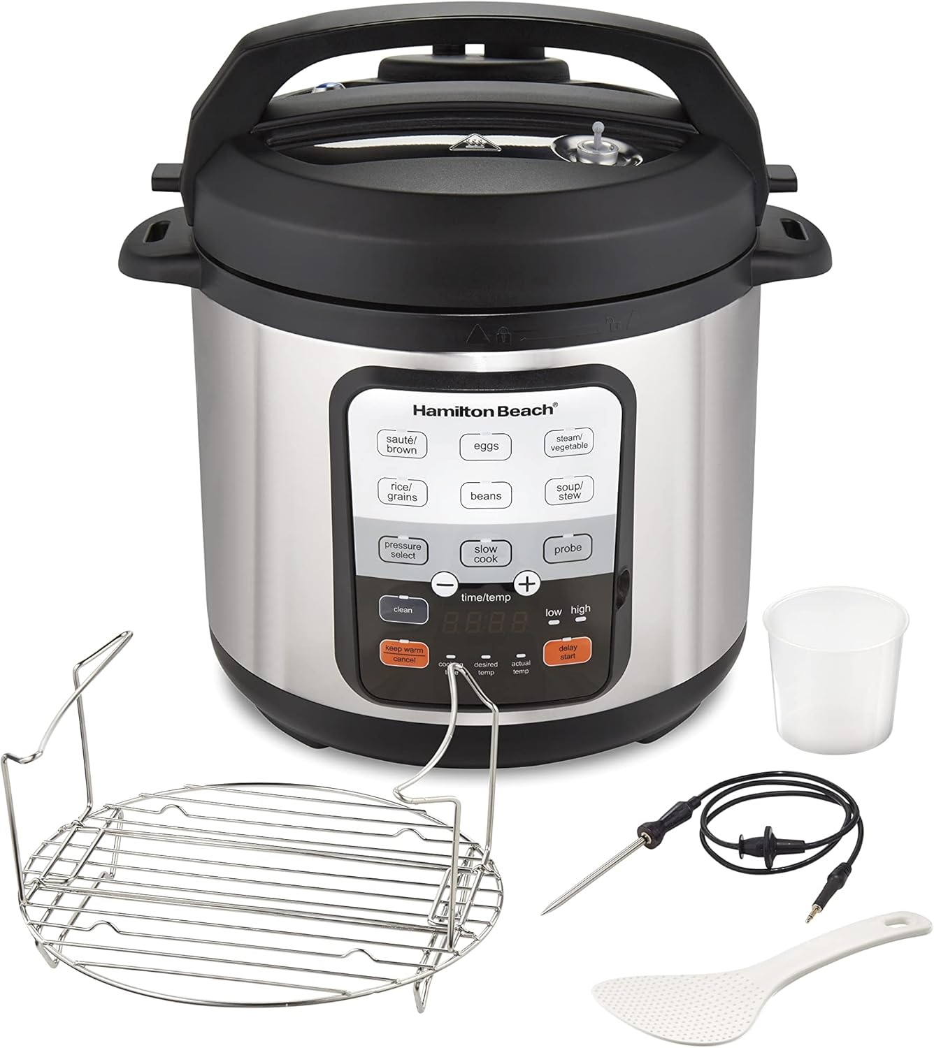 Hamilton Beach 6-in-1 Electric Pressure Cooker with Temperature Probe, Slow Cooks, Saut s, Browns, Steams, Rice Function, Egg and More, 6 Quart Capacity, Stainless Steel (34506)