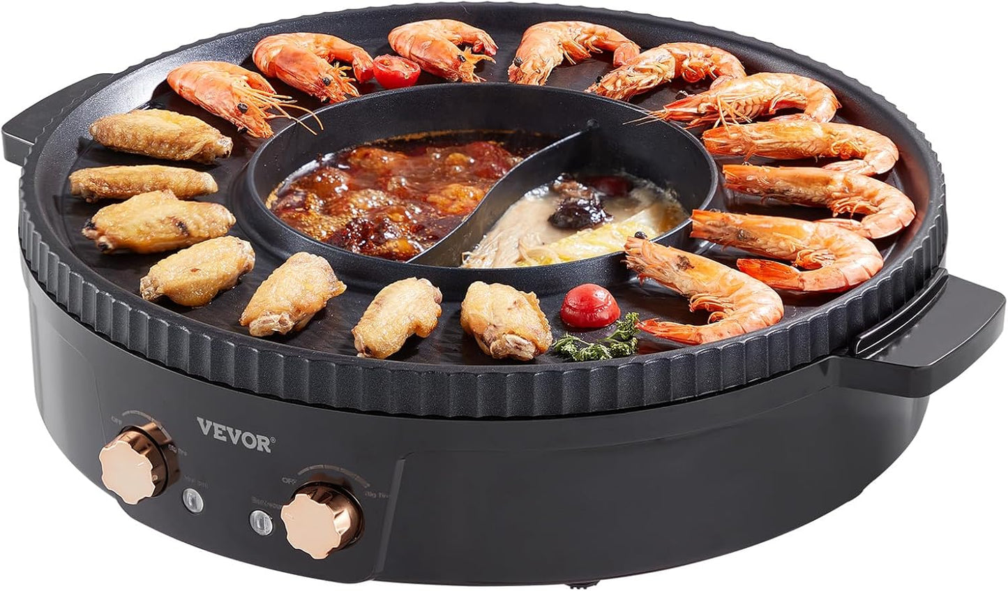 VEVOR Hot Pot with Grill, 1800W 2-in-1 Electric Smokeless Grill and Hot Pot, Korean BBQ Shabu Shabu Hotpot with Separate Dual Temperature Control, Non-stick Pan, for 2-8 People Family Dining