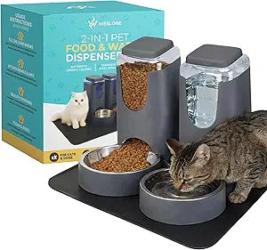 Automatic Cat Feeder 2.8L/4L Water Dispenser Set w/Tray Mat, Gravity Pet Feeder, Large Capacity Non-Spill Cat Water & Food Stainless Steel Bowls, Water Dispenser for Feeding Cats & Dog