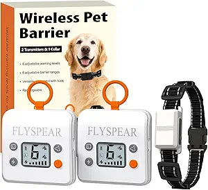 FLYSPEAR Wireless Pet Barrier with 2 Transmitters - Rechargeable Indoor Barrier with 6 Adjustable Range Radius up to 7 ft, 6 Adjustable Safe Static Intensity, Electric Fence System for Dogs with Hook