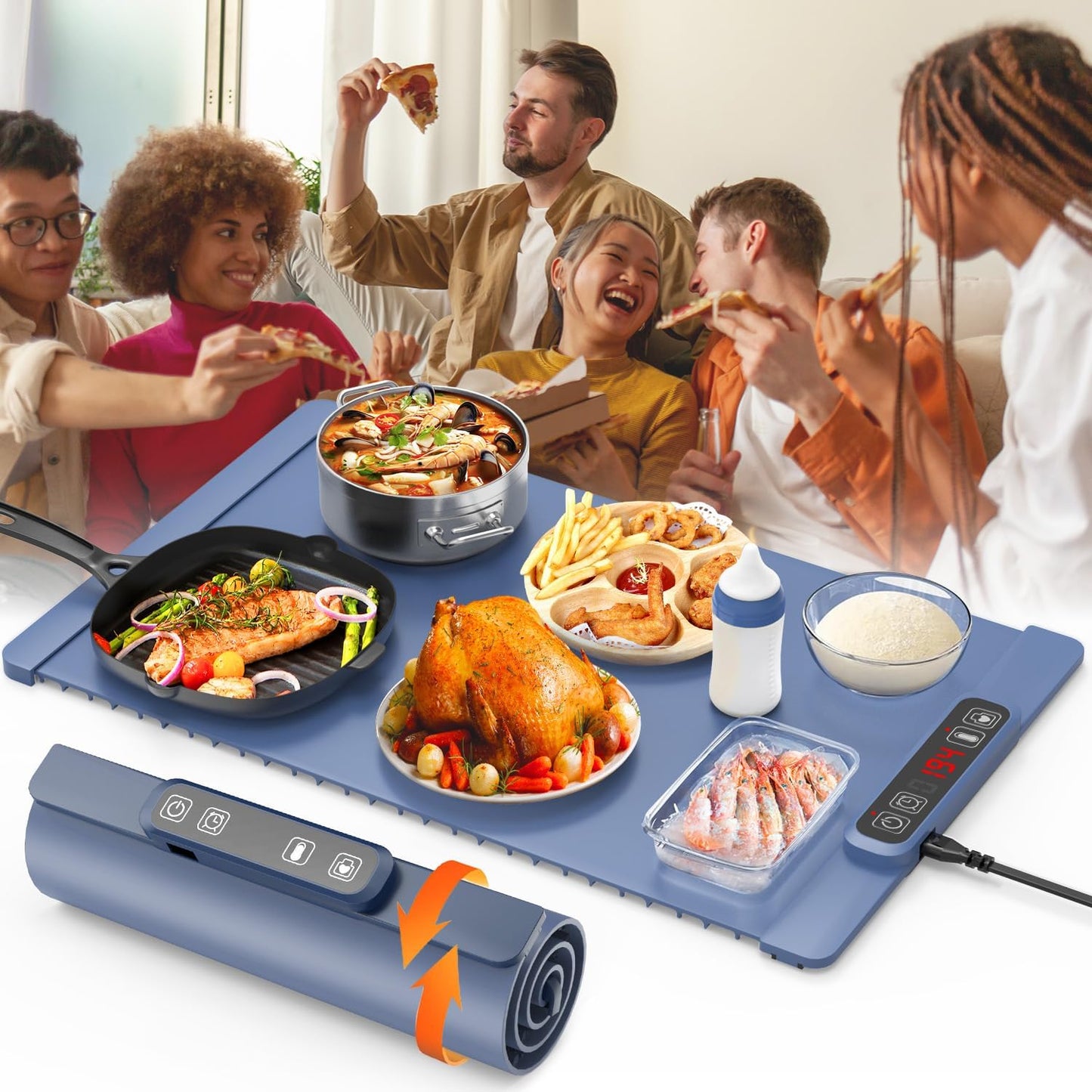 Electric Warming Tray - Full Surface Heating, Rollable & Portable,Premium Silicone Nano-Material, 5 Temperature Settings, Auto Shut-Off Versatile Food Warmer for Gatherings,Heating Mat for Food