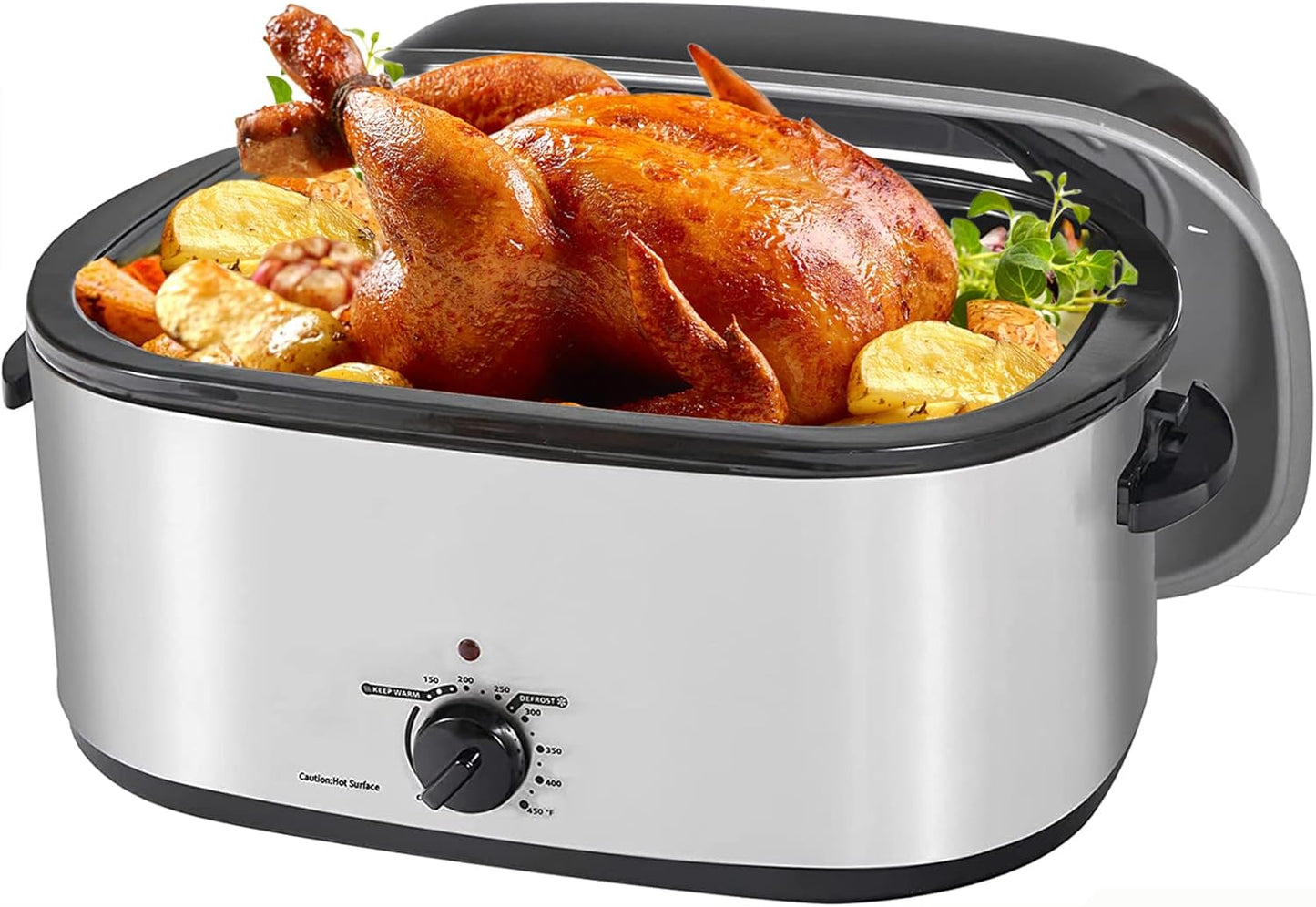 26QT Roaster Oven,3 in 1 Electric Roaster Oven with Thawing Heating Warm Function,Turkey Roaster Oven Buffet with Visual Self-Basting Lid,Removable Pan Rack,Cool-Touch Handles,Stainless Steel Silver