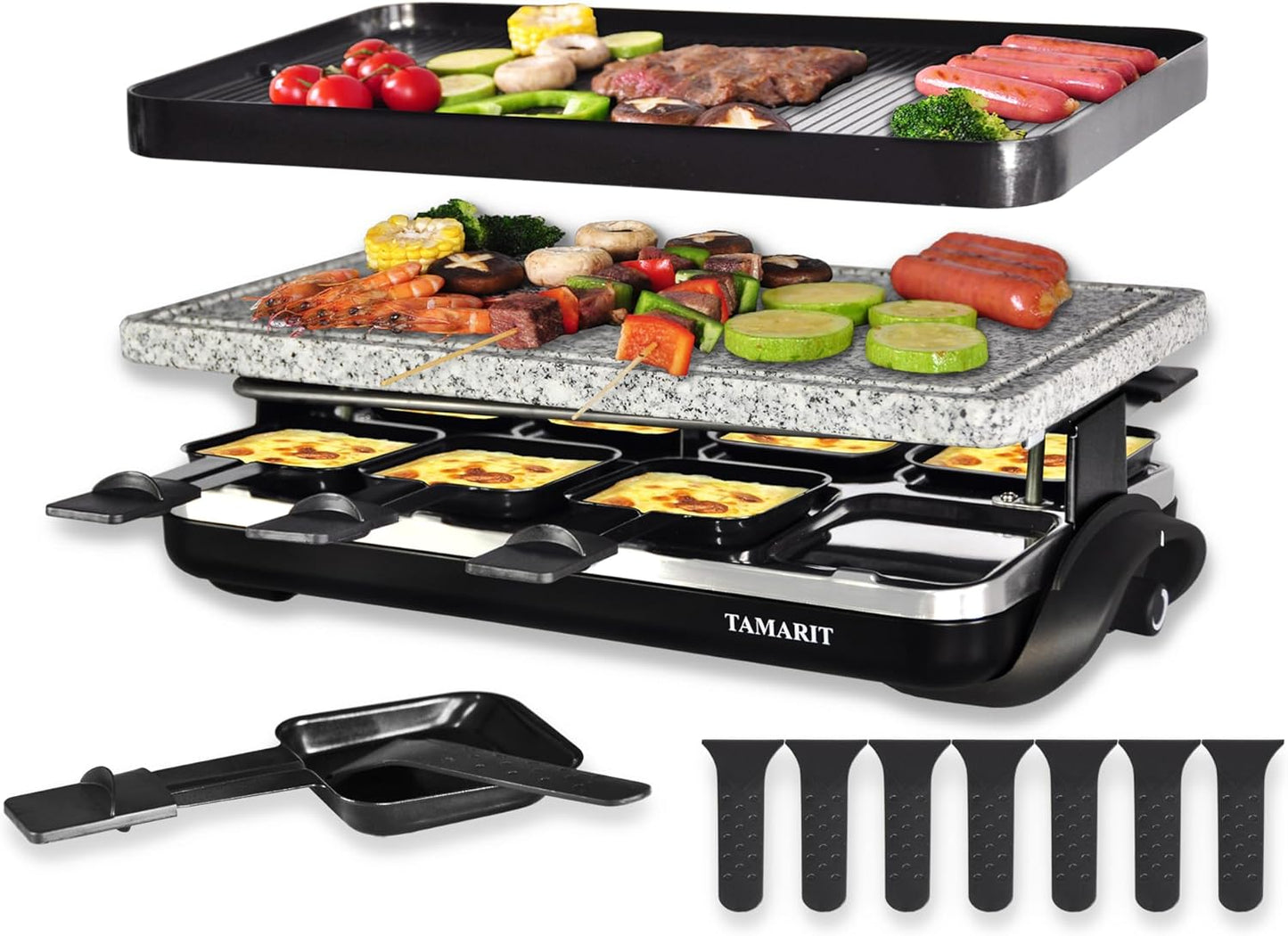 TAMARIT Raclette Table Grill Portable 3 in 1 Korean Barbecue BBQ Electric Indoor Griddle with Non-Stick Reversible Plate and Cooking Stone for Steak 1400W Raclette Grill for 8 Person, Black