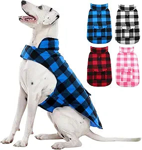 Kuoser Dog Winter Coat, Windproof Dog Fleece Jacket British Style Plaid Cold Weather Doggie Vest Coats, Reversible Cozy Warm Pet Clothes Apparel for Extra Large Size Dogs XXXL