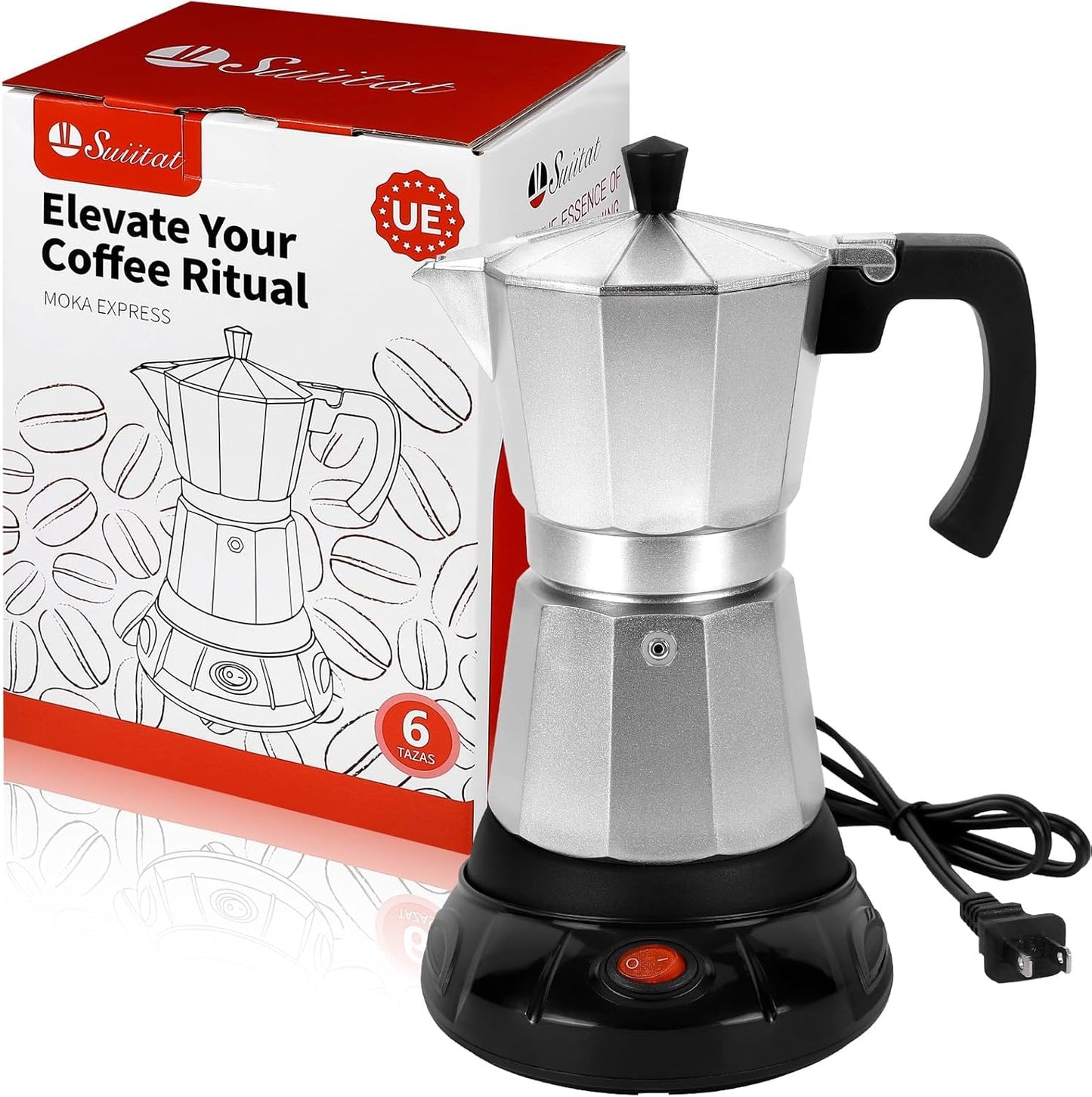 Suiitat Silver Aluminum Electric Moka Pot, 3 or 6 Cups Espresso Maker with Dose Reduction Plate