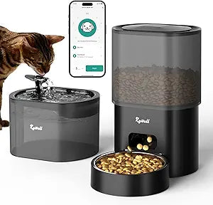 Automatic Cat Feeder and Water Fountain, Rywell 3L WiFi Timed Pet Food Dispenser and 2.5L Water Dispenser with APP for Cats and Dogs, Voice Recorder, Stainless Steel Bowl, Low Noise, Dual Power Supply