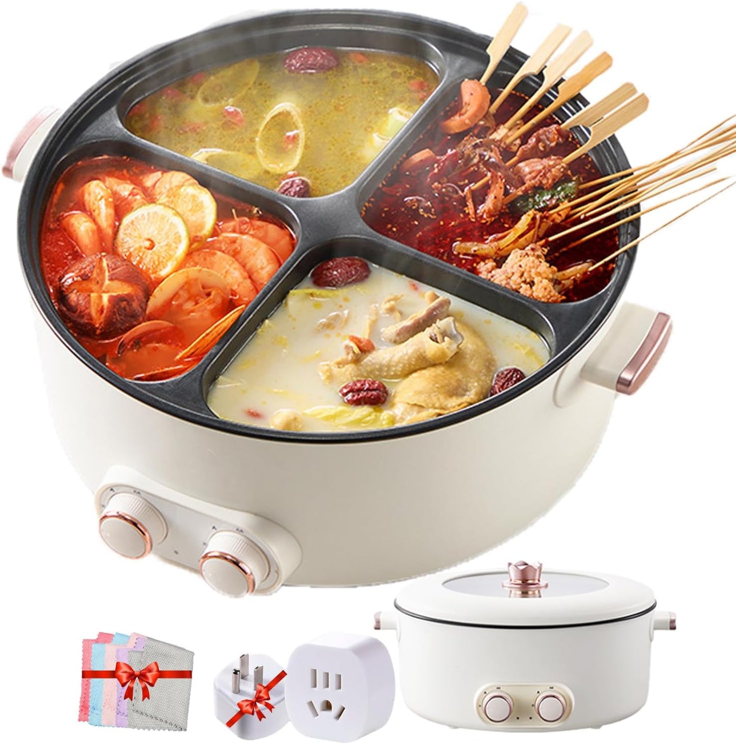 Four Grid Multifunctional Stew Pot, Large Capacity Integrated 4 Grid Electric Hot Pots, 6L Independent Temperature Control On Both Sides, Hot Pot with Divider for Home Party (4-Compartments)