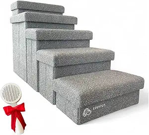 5-Step Dog Stairs for Small and Medium Dogs with Storage Box - Durable Folding Pet Steps, Padded Lid and Container; Dog Steps for Bed and Couch + Hair Brush Gift (Light Grey, Large, 5.0)