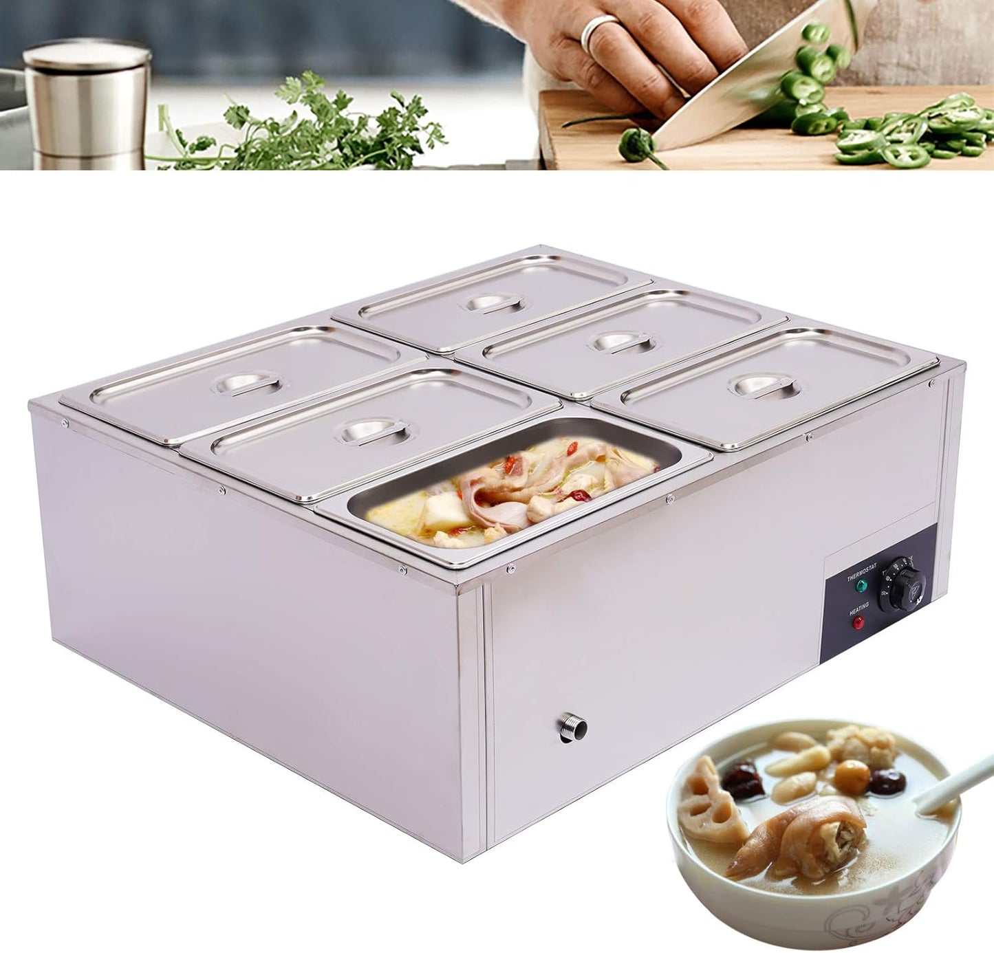 850W Electric Commercial Food Warmer Steam Warmer for Parties Buffets with 6 Pot Stainless Steel Steam Table, Buffet Server for Catering and Restaurant …