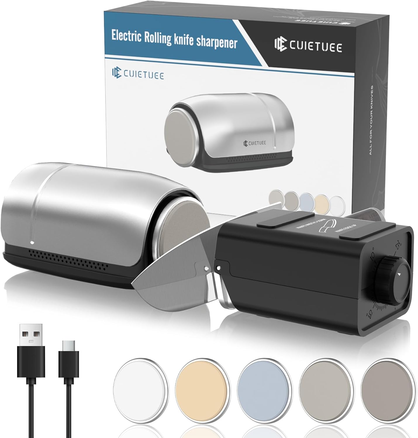 Upgraded Roller Knife Sharpener Kit | Electric Knife Sharpener with 5 Premium Discs & 10-25°Precision Djust | Automatic Cordless Sharpener for Kitchen Knife | for Polishing of All Straight-edged Tool