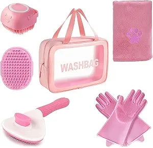 6PCS Pink Dog Washing Kit with Dog Brush, Shampoo Brush, Bath Scrubber,Washing Gloves, 39.7" × 20.5" Towel and Big Toiletries Bag.