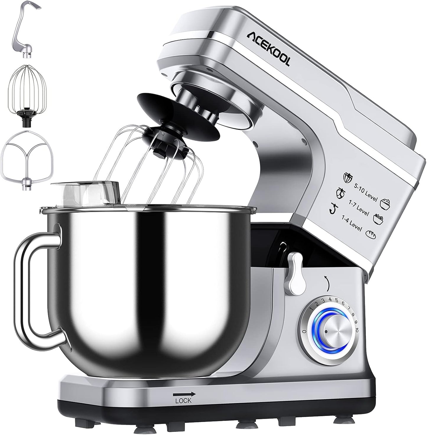 Stand Mixer, 7.5QT 10-Speed Tilt-Head Electric Low Noise Stand Mixer, 3-in-1 Kitchen Mixer with Dough Hook, Whisk, Beater and Splash-Proof Cover, Food Mixer for Daily Use