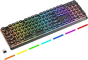 M104 Wireless Gaming Keyboard Wired/Bluetooth Mechanical Feel Light up Membrane Computer Keyboard with Numeric Keypad RGB Full Size Mental Panel 4000MAH Rechargeable Quiet for PC Gamer-Black