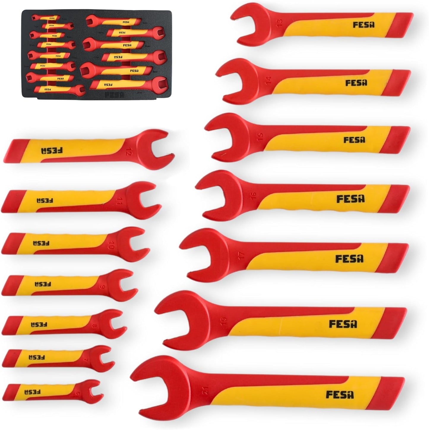 FESA 1000V Insulated Open End Wrenches - 14-Piece Professional Insulated Wrench Set with Traction Handles, Durable CR-V Steel - 1000 Volt Tools for Electricians & Mechanics (Metric)