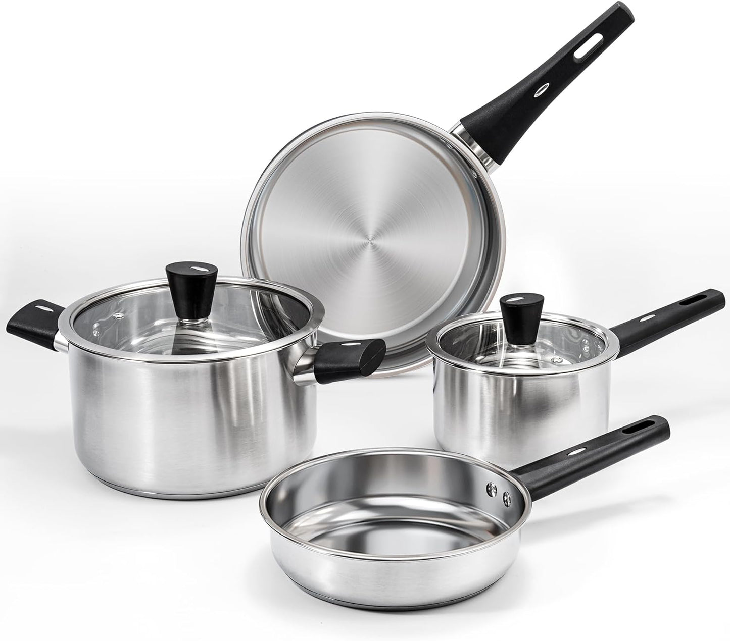 6-Piece Stainless Steel Pots and Pans Set, Kitchen Cookware Set with Stay-Cool Handles Compatible with Gas, Electric & Induction, Dishwasher Safe, Non-Toxic & Durable for Everyday Cooking