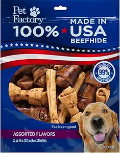 Pet Factory 100% Made in USA Beefhide 4-6" Assorted (Bones & Chip Rolls) Dog Chew Treats - Beef & Chicken Flavor, 25 Count/1 Pack