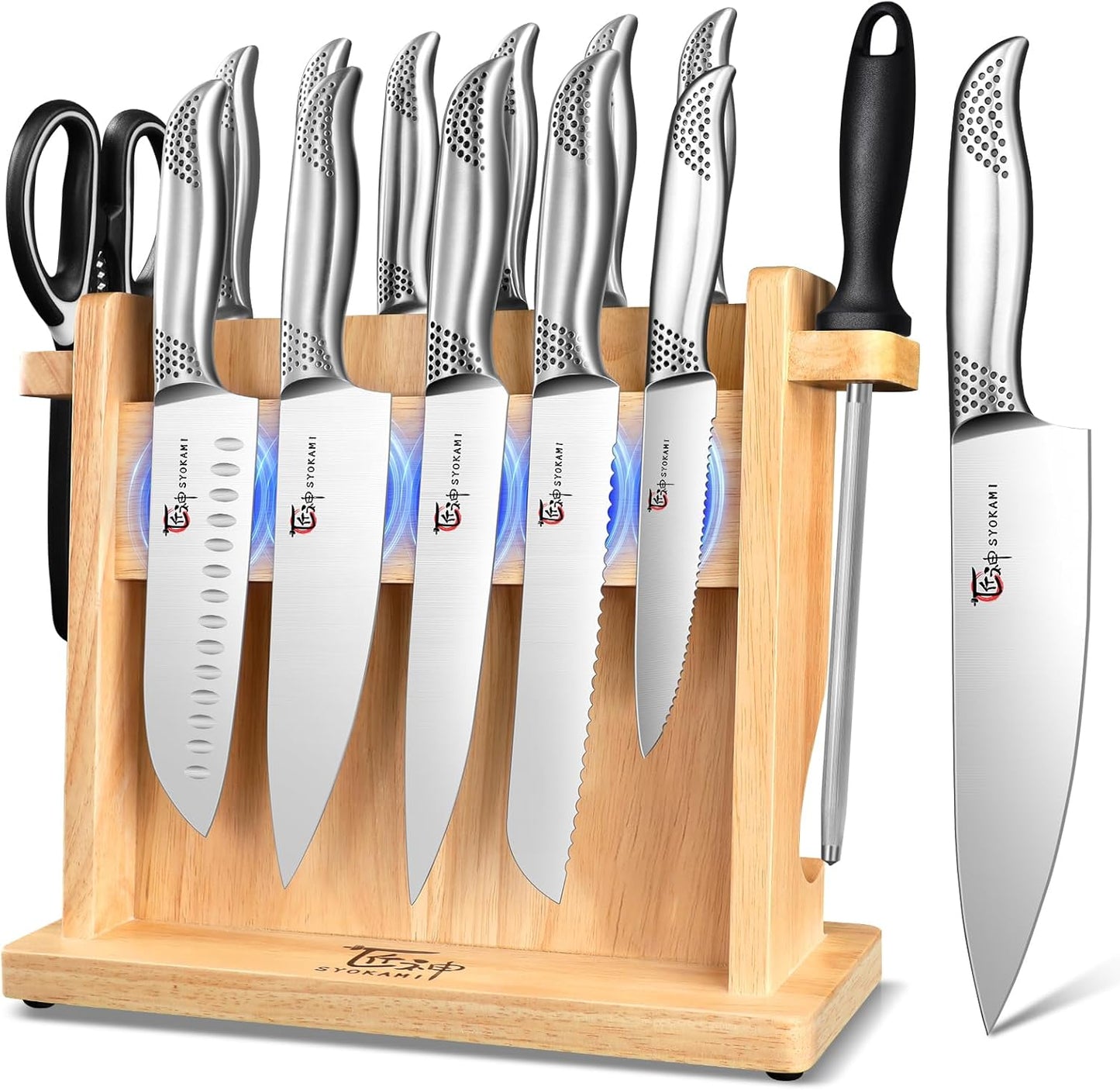 Japanese Knives Set for Kitchen, Magnetic Knife Set with Block and Sharpener, Stainless Steel Knife Set as Gift for Couple, Wedding, Women or Mom with Gift Box, 14 PCS Black Dot