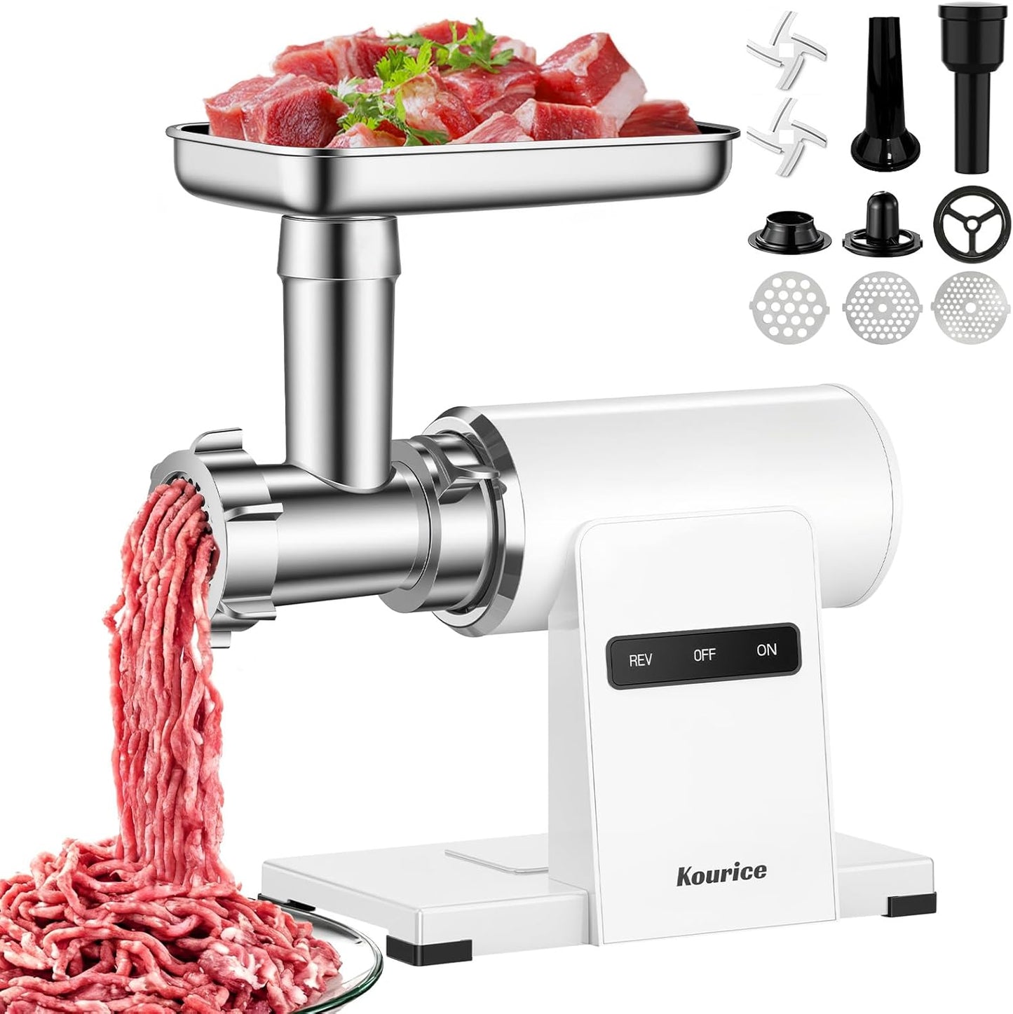 Kourice Meat Grinder, Electric Meat Grinder with Sausage Stuffer Maker & Kubbe Kit, Metal-Body Meat Mincer with 3 Stainless Steel Grinding Plates & 2 Blades for Home Kitchen Using