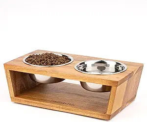 4" Tall Elevated Dog Bowls for Small Dogs, Food and Water Bowl Set by Pawfect Pets (Acacia)