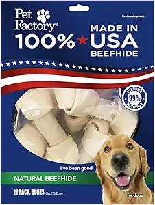 Pet Factory 100% Made in USA Beefhide 6" Knotted Bones Dog Chew Treats - Natural Flavor, 12 Count/1 Pack