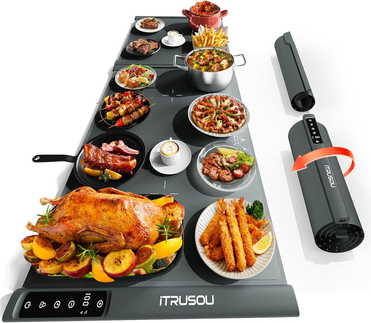 Expandable Warming Mat for Food \u2013 iTRUSOU 42"x16" Extra Large Electric Warming Tray with 7 Temp Settings, Switchable ℃\/℉, 99H Timer, Child Lock \u2013 2 Panels Custom Sizes for Energy Efficiency